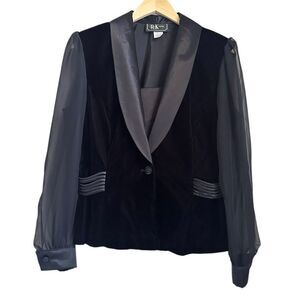 Vintage Women 10 Velvet Blazer Jacket Sheer Sleeves Black Satin Party Elegant